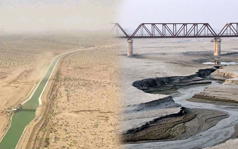 تصویر ایک جانب نئی نہر جبکہ دوسری جانب دریائے سندھ میں پانی کی کمی کی عکاسی کر رہی ہے